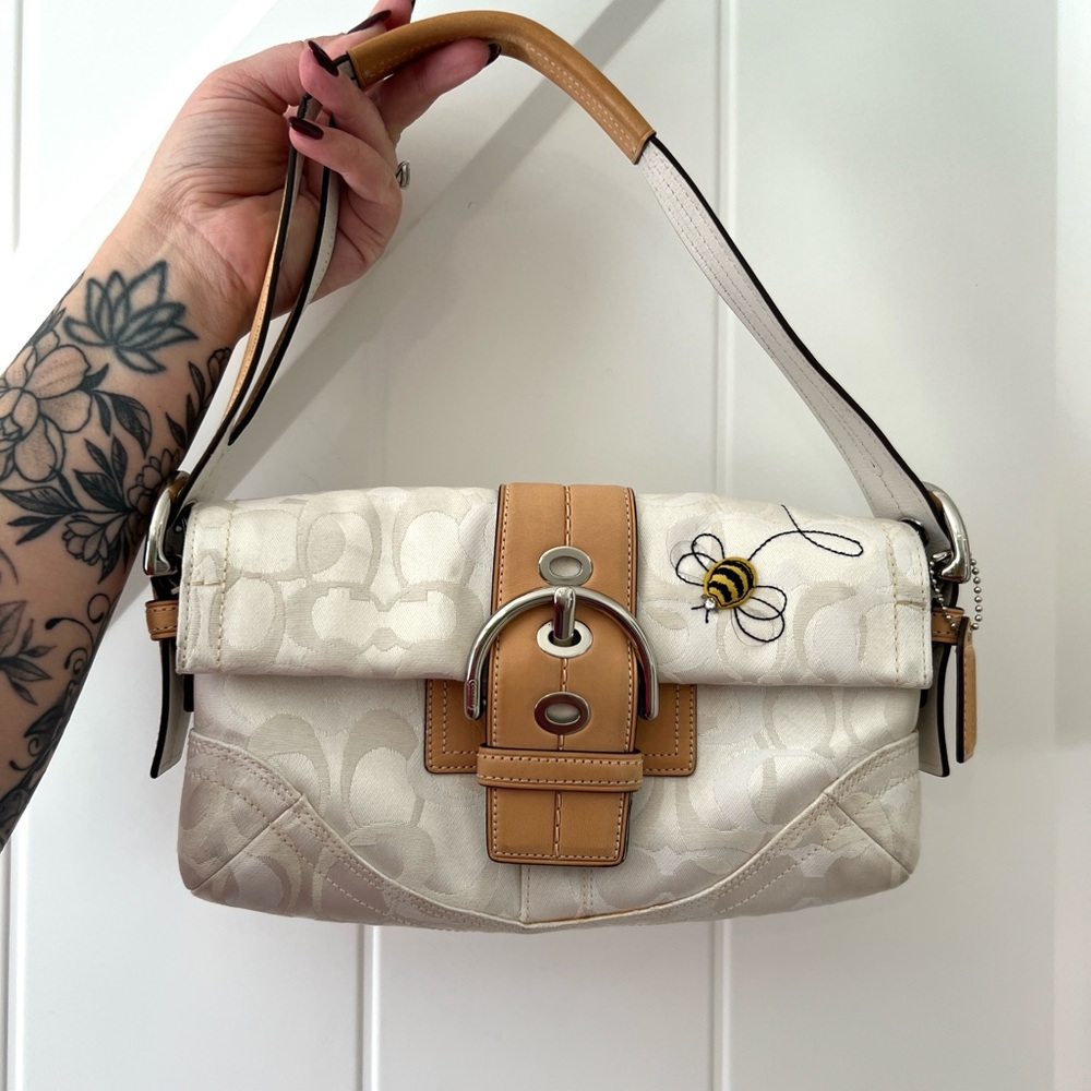 Coach Soho White Optic Signature Bee Appliqué Small Flap Handbag